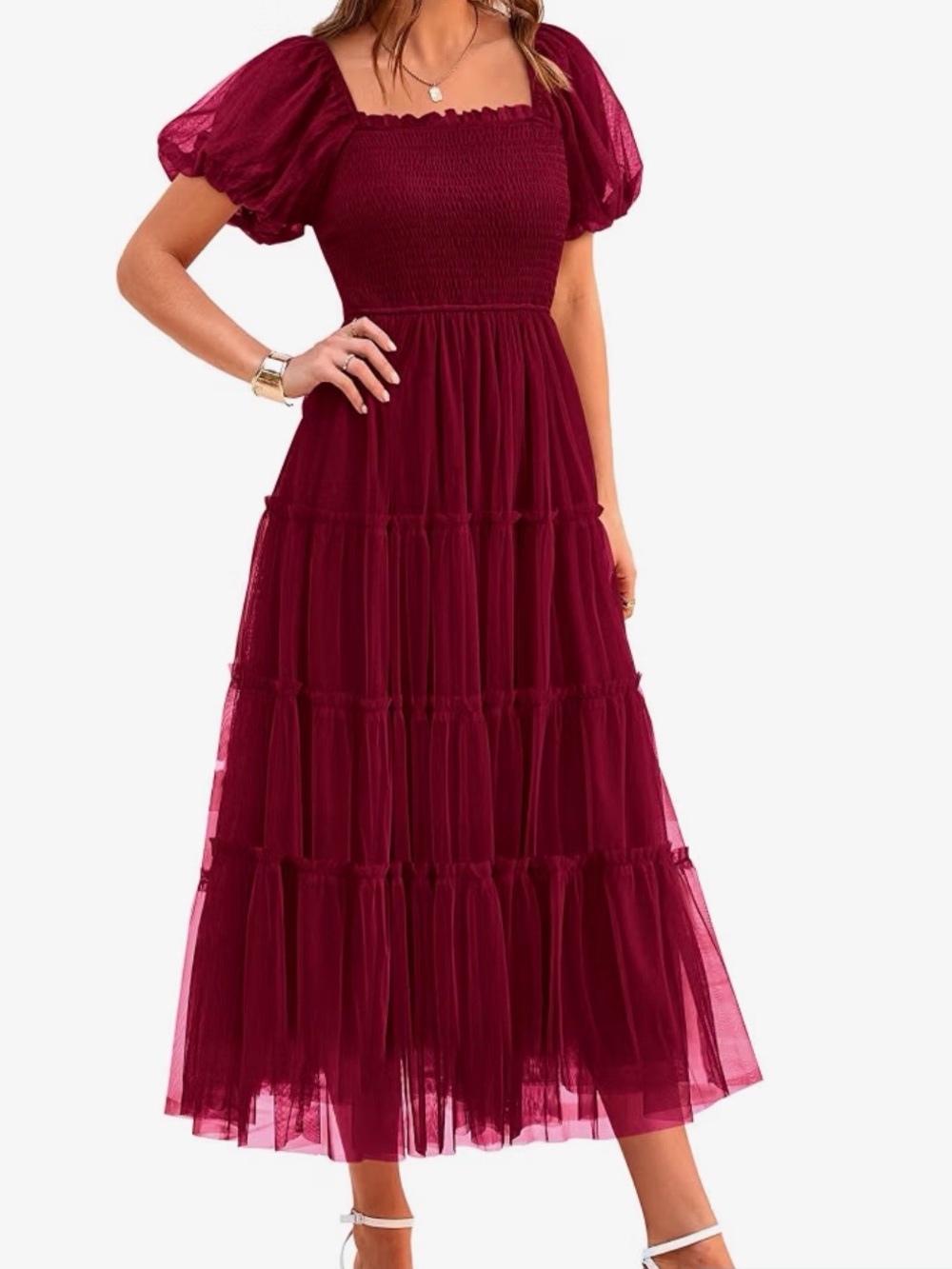Square-Neck Tiered Midi Dress in Burgundy